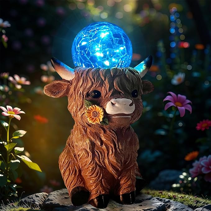 HONGLAND Solar Highland Cow Outdoor Garden Statues, Outside Decor with Color Changing Lights for Yard Lawn Ornaments Porch Patio Balcony Home Farmhouse, Birthday Gifts for Grandma Mom Women