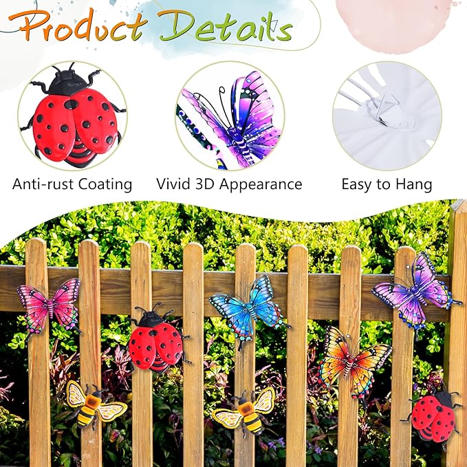 DEWEL 8 Pcs Metal Garden Decor for Outside, 3D Butterfly Ladybug Bee Outdoor Wall Decor, Outdoor Decor Wall Art, Colorful Hanging Decorations for Spring Garden Fence Patio Yard, Great Gift Choice