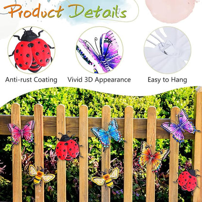 DEWEL 8 Pcs Metal Garden Decor for Outside, 3D Butterfly Ladybug Bee Outdoor Wall Decor, Outdoor Decor Wall Art, Colorful Hanging Decorations for Spring Garden Fence Patio Yard, Great Gift Choice