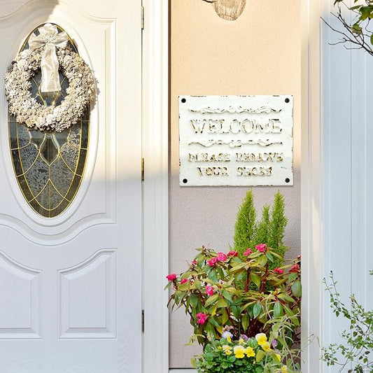 Sungmor Rustful Crafts Cast Iron WELCOME sign with PLEASE REMOVE YOUR SHOES Reminds, Front Door Marker for Guiding Guests' Take Off Shoes, Vintage Hanging Welcome Signs Indoor Outdoor Home Decor
