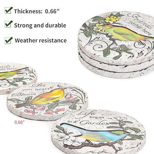 Sungmor 3PC Pretty Garden Stepping Stones, 9.5" Large Concrete Decorative Stones with Beautiful Pattern, Unique Outdoor Lawn Accents, Yard Walkway Flower Bed Wall Shelf Welcome Friends Decorations