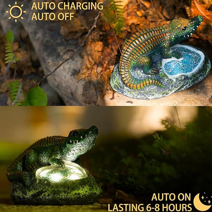 Rezpuao Garden Statue Crocodile,Solar Crocodile Decor for Outdoor,Resin Crocodiles Figurine with Solar Light for Patio,Balcony,Yard,Lawn Ornament,Perfect Garden Gift