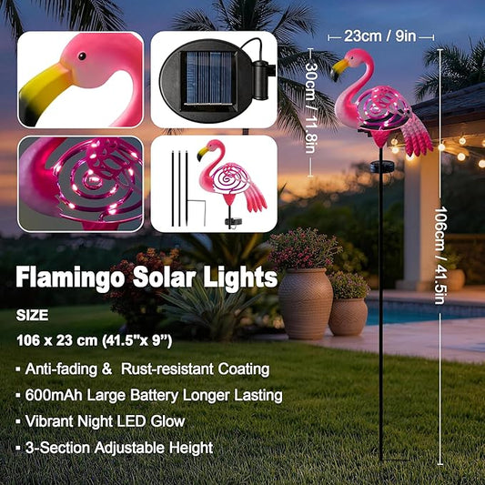 Flamingo Garden Solar Lights Outdoor Decor, Metal Pink Flamingo Yard Decoration with Waterproof Garden Stake Lights for Pathway Patio Porch Lawn Ornament, Flamingo Gifts for Women Mom Grandma