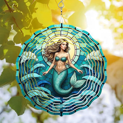 Wind Spinner Outdoor 10 Inch Mermaid Amidst Ocean Waves for Yard and Garden 3D Stainless Steel Wind Sculpture Unique Gift Hanging Spinner Ornament Decoration