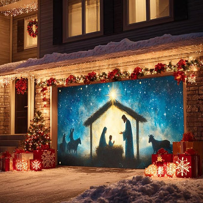 HOMETITUTE Christmas Garage Door Banner 13x6ft Holy Nativity Theme Backdrop Holiday Seasonal Decor Winter Door Cover Banners for Outside Garage Wall Covering for Party Garage Decorations