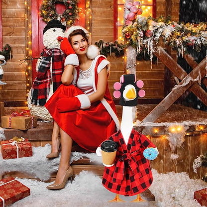 Shyyween Porch Goose Christmas Outfit 23 Inch Lady Goose Statue Clothes Red and Black Plaid Bathrobe Coffee Cup Curlers for Cement Plastic Lawn Geese Outdoor Garden Yard Patio Decoration