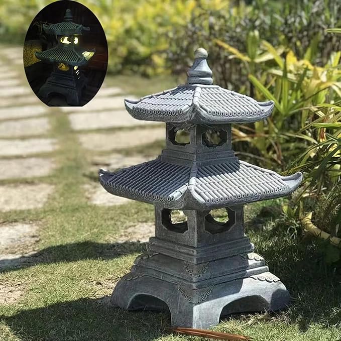 Buokai Solar Outdoor Garden Statue with 2 Tier Pagoda Lantern, Zen Japanese Style for Lawn Decoration and Christmas Ornament
