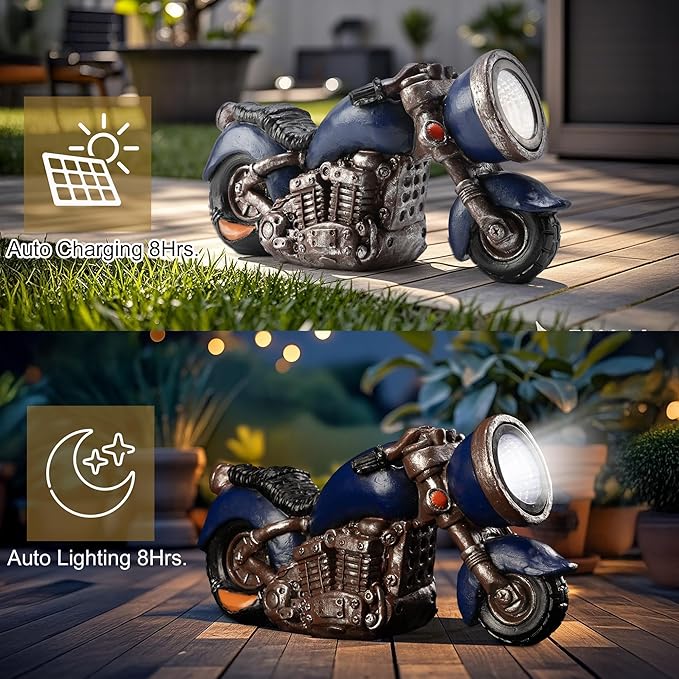 Etlemonde Solar Vintage Style Motorcycle Statue, Resin Rustic Retro Sculpture with LED Lights,Outdoor Art Decor for Garden Courtyard Lawn, Ideal Housewarming、Birthday Gift for Motorcycle Enthusiasts