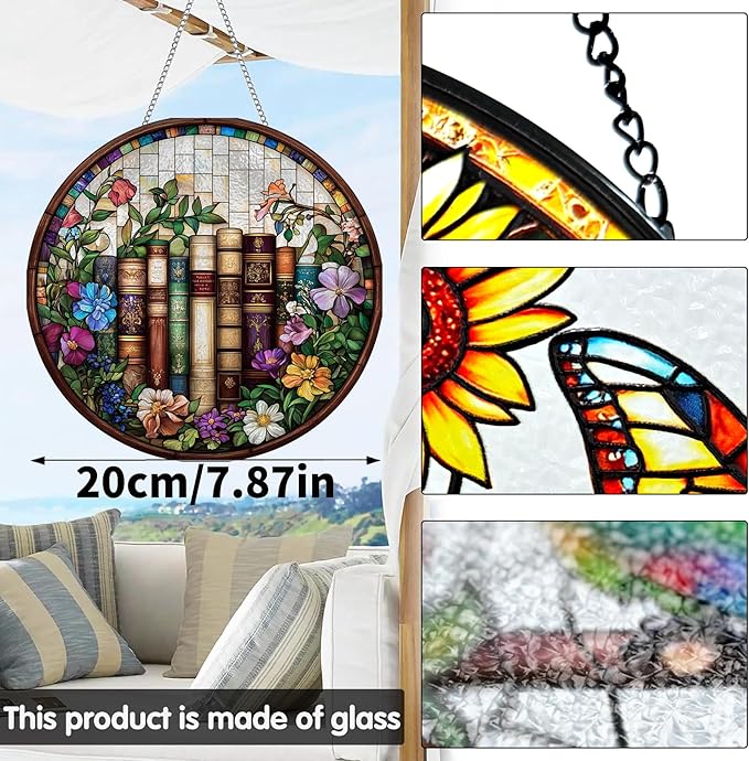 VAIIEYO Book Sun Catcher Stained Glass Window Hanging Ornament, Handmade Sun Catcher Flower Decoration with Hooks for Window Garden Home, Birthday Housewarming Gift 7.8 inch
