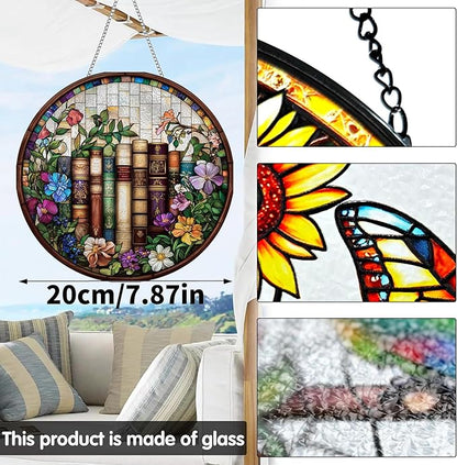 VAIIEYO Book Sun Catcher Stained Glass Window Hanging Ornament, Handmade Sun Catcher Flower Decoration with Hooks for Window Garden Home, Birthday Housewarming Gift 7.8 inch