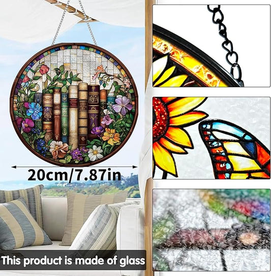 VAIIEYO Book Sun Catcher Stained Glass Window Hanging Ornament, Handmade Sun Catcher Flower Decoration with Hooks for Window Garden Home, Birthday Housewarming Gift 7.8 inch