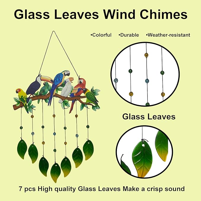 Parrot Wind Chimes Outdoor - Colorful Metal & Glass Leaves Hanging Decor for Garden, Yard, Porch