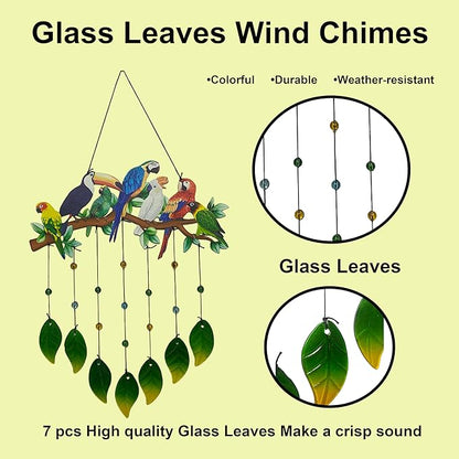 Parrot Wind Chimes Outdoor - Colorful Metal & Glass Leaves Hanging Decor for Garden, Yard, Porch