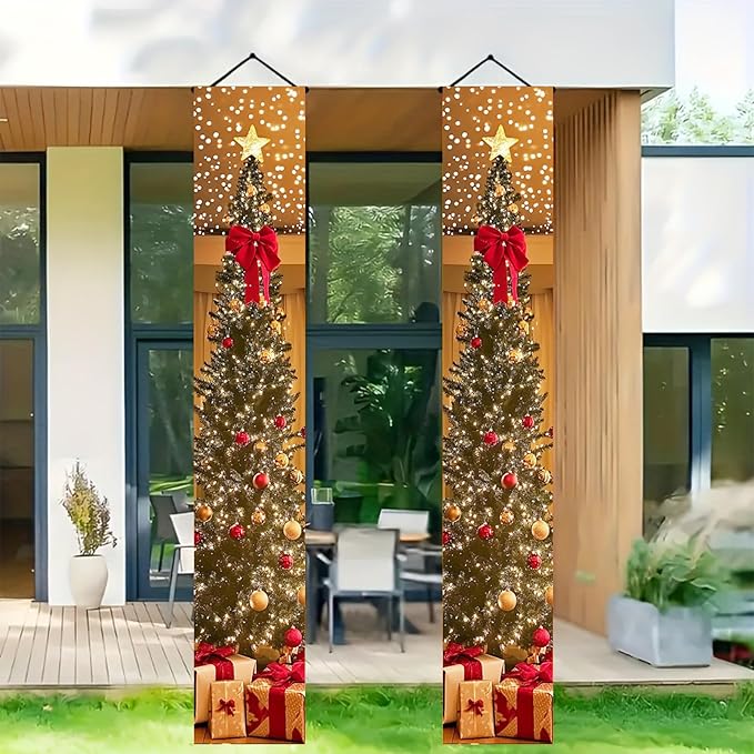 BlissYard Christmas Tree Long Vertical Banner Outdoor Front Porch Hanging Decor 12x71 Inch Xmas Tree Sparkling Ornaments Lights Star Festive Indoor Outdoor Xmas Decor Wall Front Door Yard Garage