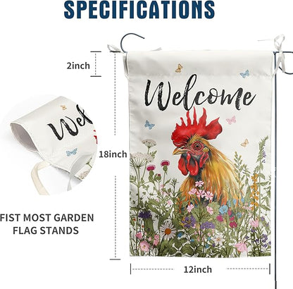 Spring Summer Garden Flag Farmhouse Chicken Garden Flags for Outside Floral Rooster Yard Flag 12x18 Double Sided Small Outdoor Welcome Flags Farm Chicken Coop Decor