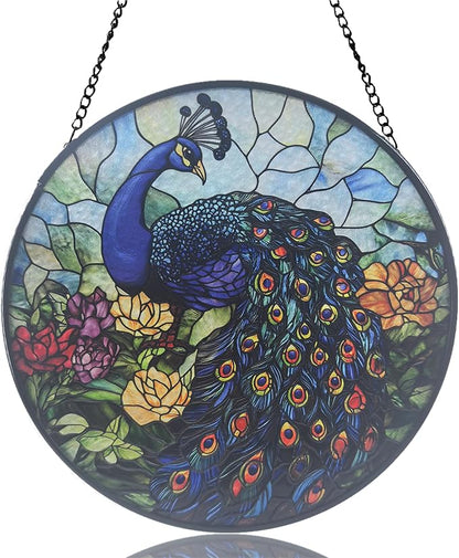 Stained Glass Sun Catcher,Blue Peacock Glass Window Hanging Garden Decor,Sun Catchers Indoor Window,Whimsical Decoration for Home Backyard Patio Lawn Porch with 6.3 INCH
