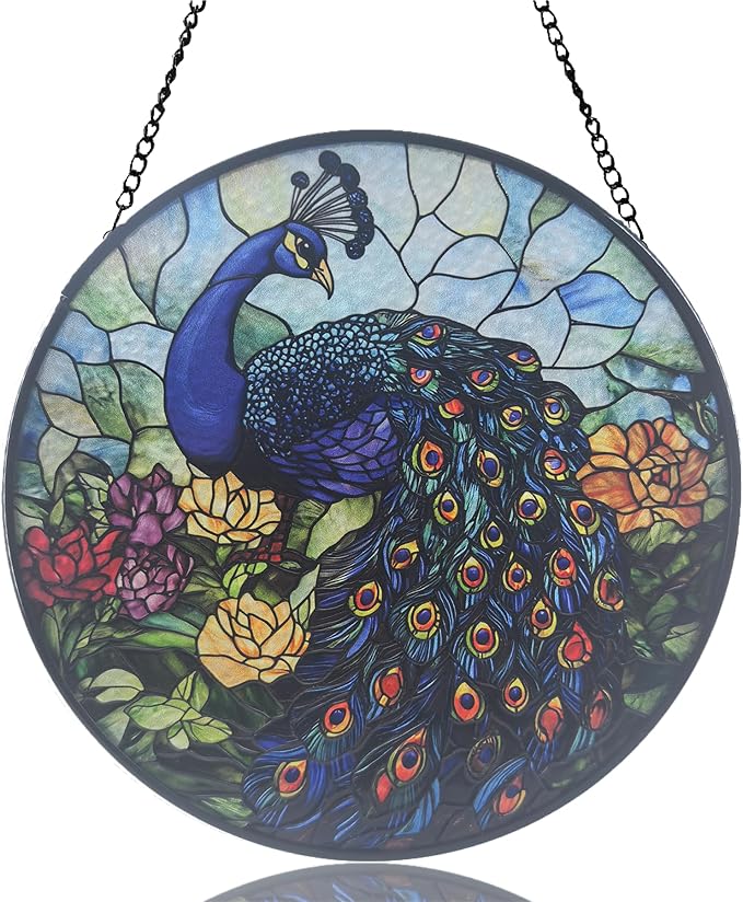 Stained Glass Sun Catcher,Blue Peacock Glass Window Hanging Garden Decor,Sun Catchers Indoor Window,Whimsical Decoration for Home Backyard Patio Lawn Porch with 6.3 INCH
