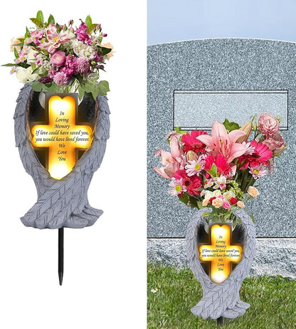 Angel Wings and Cross Solar Light CemeteryDecorations, Cemetery Decorations,Garden Solar Vase Decorations,Gift for Lost Lovers Ones (White)