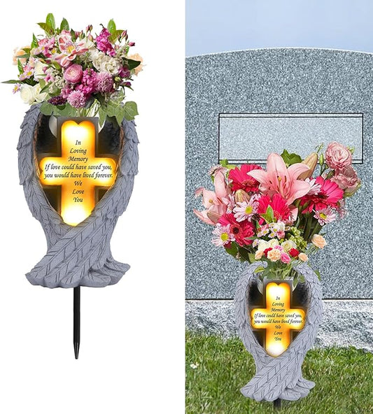 Angel Wings and Cross Solar Light CemeteryDecorations, Cemetery Decorations,Garden Solar Vase Decorations,Gift for Lost Lovers Ones (White)