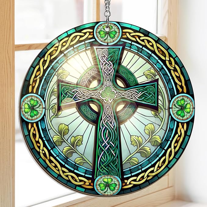FLAGWIX St Patricks Day Decorations - Saint Patricks Day Decor, Double Layered Hanging Suncatcher 8 inch, Shamrock Celtic Cross for Home Window Garden - Irish Gifts for Men Women Friends Family