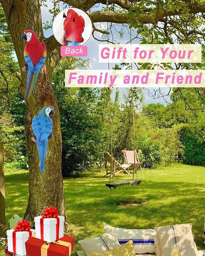 2Pcs Large Parrot Decor Outdoor Tiki Bar Decorations Realistic Parrot Statues for Outside Lifelike Bird Fake Macaw Sculptures Garden Patio Yard Law Tropical Tree Wall Decoration(Blue, Red)