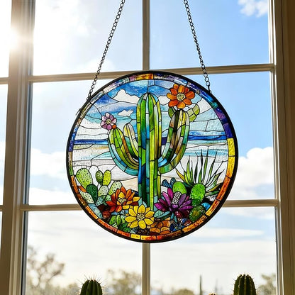 Stained Glass Window Hanging-Cactus Suncatcher Home Decor Ornament 7.9 in.Outdoor or Indoor, Garden,Living Room,Gifts for Women, Lovers, Couple, Friends