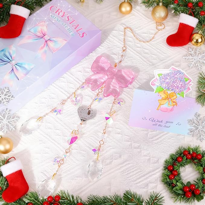 Crystal Sun Catchers Indoor Window,Pink Bow Decor Sun Catcher for Sister Gifts with 3 Chains,Prism Rainbow Crystal Suncatcher for Hangings College Dorm Rooms Home Decoration