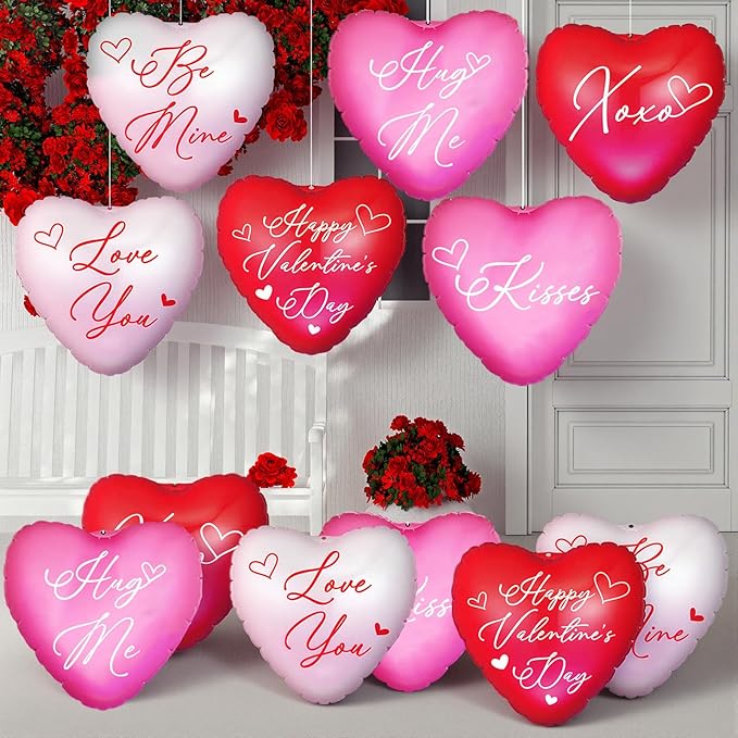 Jetec 12 Pcs 12'' Valentine's Day Inflatable Hearts Outdoor Decorations, Large Inflatable Heart Valentines Hanging Ornaments for Wedding Anniversary Holiday Party Yard Decor(Mixed Color,Letter)