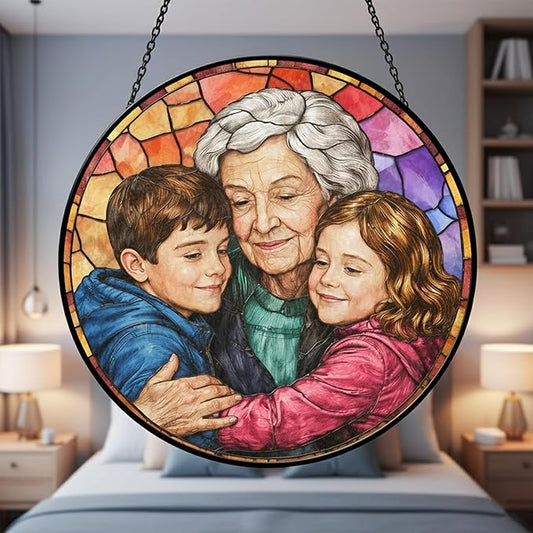 Personalized Grandma Stained Glass Sun Catcher, Custom Photo Window Hanging, Personalized Stained Glass, Gift for Grandma, Grandparents, Christmas, Birthday, Keepsake, Christmas Ornament, P2