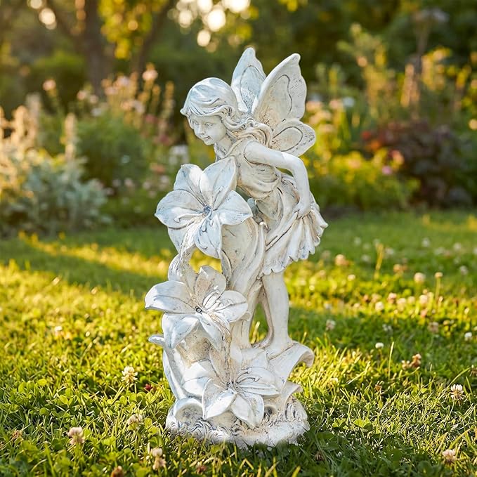 Angel Garden Statue Outdoor, Solar Powered Resin Garden Sculptures Fairy Angel Statues Waterproof LED Lights Yard Art Decorations for Outside Patio Lawn Ornament Gardening Gifts