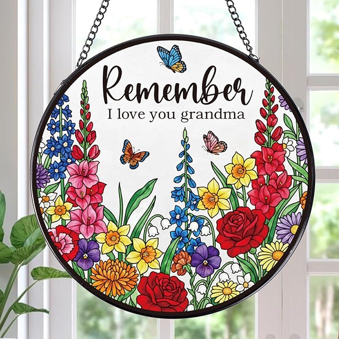 Rngmsi Sun Catcher Gift for Grandma, Birthday Presents for Grandmother Suncatcher Stained Glass Window Hanging, Remember I Love You Stained Glass Gift from Granddaughter Grandson