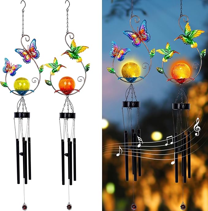 MAGGIFT 2 Pack Solar Outdoor Wind Chimes, Metal Butterfly & Hummingbird Wind Chime with Warm White LED Globe Glass, Mobile Hanging Decorative Patio Lights for Yard Garden, Gifts for Mom Women Wife