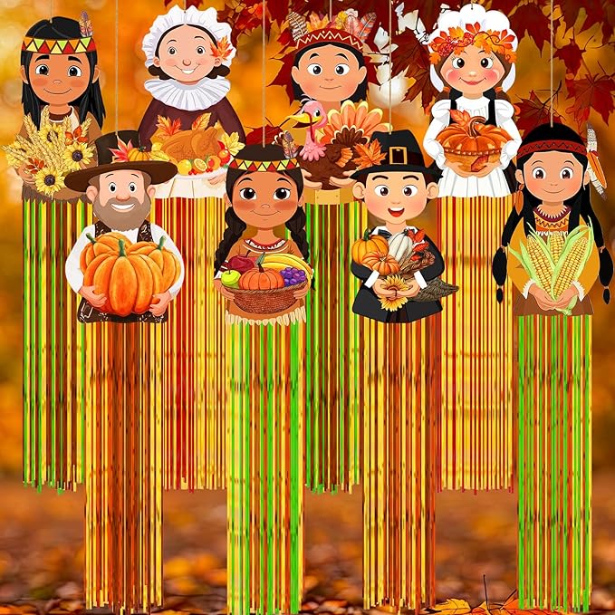 DoubleFill 8 Pcs Thanksgiving Pilgrim Outdoor Hanging Decorations with Tassels Fall Autumn Pilgrim Harvest Yard Signs for Farmhouse Festival 3.3 ft Home Lawn Yard Party Supplies Garden Decor