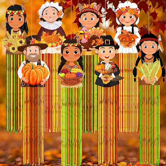 DoubleFill 8 Pcs Thanksgiving Pilgrim Outdoor Hanging Decorations with Tassels Fall Autumn Pilgrim Harvest Yard Signs for Farmhouse Festival 3.3 ft Home Lawn Yard Party Supplies Garden Decor
