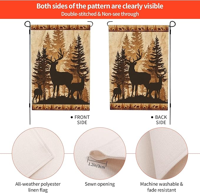 Retro Deer Garden Flag Seasonal Double Sided 12 x 18 Inch Small Yard Flag for Indoor Outdoor Decor Holiday All Seasons