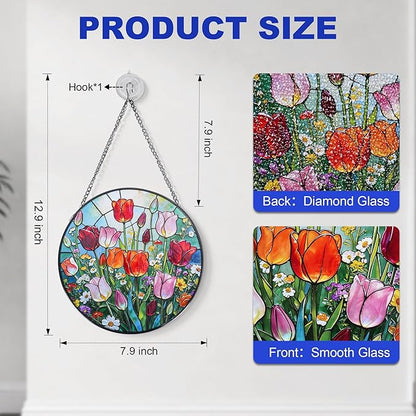 Stained Glass Window Hanging, Colorful Tulips Suncatcher 7.8 in Sun Catcher Glass Panel Boho Wall Art Decor with Chain Diamond Glass Panel Hangings Scenery Sun Catchers Decor for Lover Couple Mom