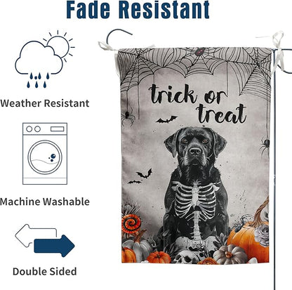 Halloween Black Lab Garden Flag Trick or Treat Yard Flag Ghost Labrador Dog Garden Flags for Outside 12x18 Double Sided Mini Skeleton Halloween Decor Outdoor Lawn Welcome Flag