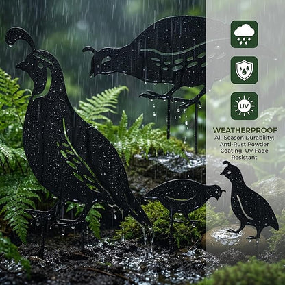 NUOBESTY 4Pcs Quail Family Garden Stakes, Metal Bird Yard Decor Decorative Garden Art Sculptures Statues for Outdoor Lawn Ornament & Patio Backyard, Bird Lover Favors for Women Mom Grandma
