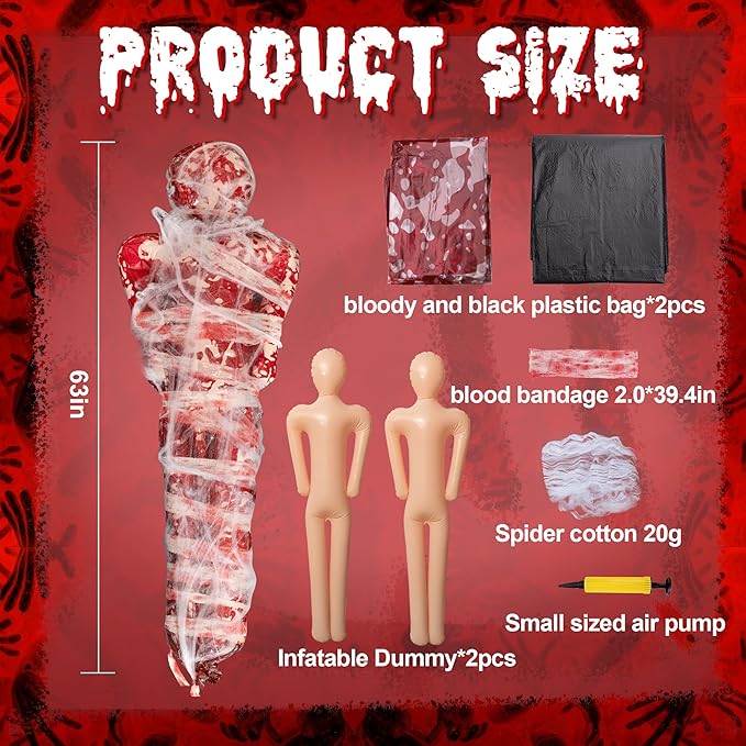 2 Sets Halloween Hanging Cocoon Corpse, 64'' Bloody Inflatable Cocoon Outdoor Decoration Set with Bandage, Scary Dead Body Prop Decor for Outdoor Halloween Party House Yard (Black,Red)