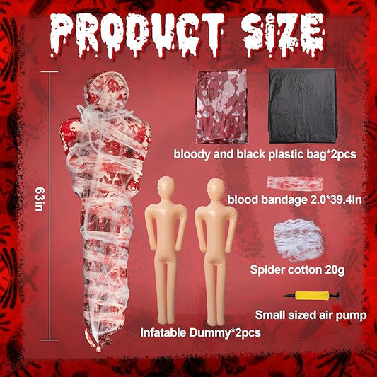 2 Sets Halloween Hanging Cocoon Corpse, 64'' Bloody Inflatable Cocoon Outdoor Decoration Set with Bandage, Scary Dead Body Prop Decor for Outdoor Halloween Party House Yard (Black,Red)
