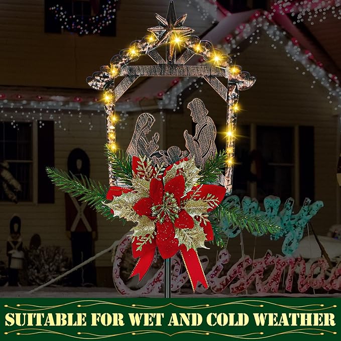 Moukeren 2 Pcs 2 Pcs 3.5ft Nativity Scene Outdoor Yard Stakes, Solar Lighted Outdoor Metal Christmas Nativity Scene Decoration for Christmas Holiday Lawn Garden Yard Decoration (Classic)