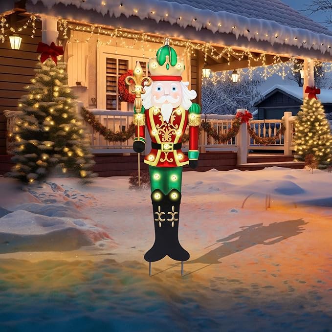 WONDER GARDEN Christmas Metal Yard Stakes, Lighted Nutcracker Soldier, Outdoor Christmas Decorations for Lawn Party Outside
