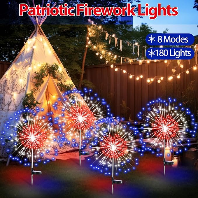Tujoe 8 Pcs 4th of July Solar Firework Stake Lights 180 LED 8 Modes Solar Waterproof LED Sparkler Lights Outdoor Patriotic Decor for USA Anniversary Garden Patio Yard Pathway (Red White Blue)