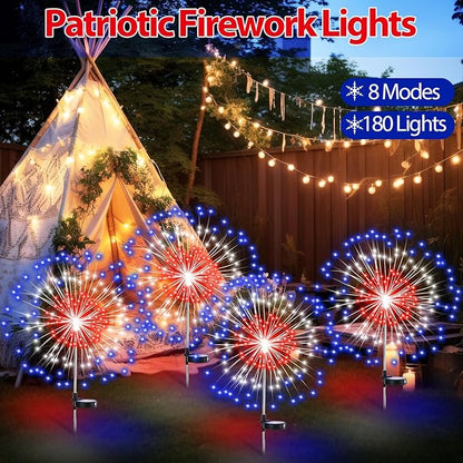 Tujoe 8 Pcs 4th of July Solar Firework Stake Lights 180 LED 8 Modes Solar Waterproof LED Sparkler Lights Outdoor Patriotic Decor for USA Anniversary Garden Patio Yard Pathway (Red White Blue)