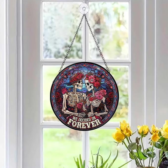 FIVITY Stained Glass Window Hanging 7.8'' Skeleton Couple Suncatcher We Decided On Forever Stained Glass Ornament Suncatchers with Hanging Chain for Wife Husband Wedding for Hi