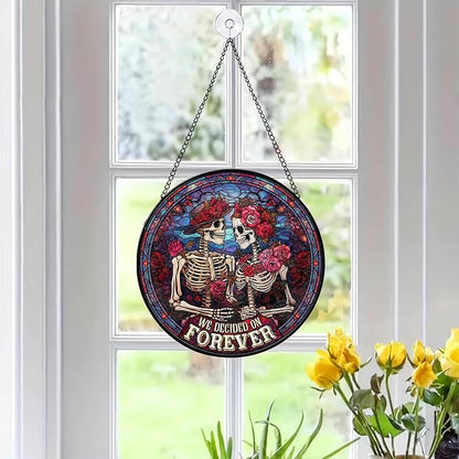 FIVITY Stained Glass Window Hanging 7.8'' Skeleton Couple Suncatcher We Decided On Forever Stained Glass Ornament Suncatchers with Hanging Chain for Wife Husband Wedding for Hi
