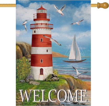Home Decorative Welcome Summer Lighthouse House Flag, Spring Coastal Seagull Birds Garden Yard Beach Nautical Sailboat Outside Decoration, Ocean Outdoor Large Burlap Decor Double Sided 28 x 40