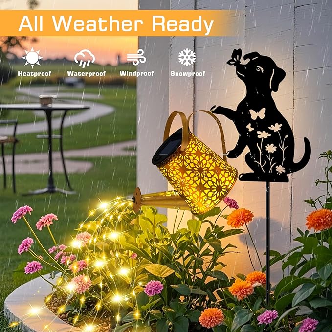 Garden Decor for Outside - Solar Watering Can with Lights, Metal Dog Silhouette Stake with Cascading Waterfall LEDs, Waterproof Yard Art for Lawn Patio, Unique Gardening Gifts for Women Mom 2 Pack