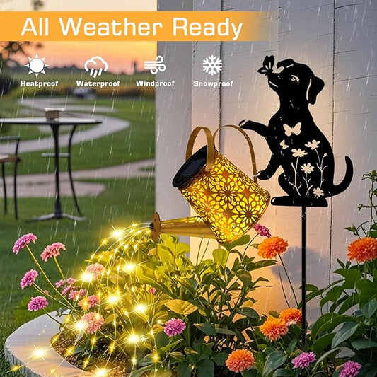 Garden Decor for Outside - Solar Watering Can with Lights, Metal Dog Silhouette Stake with Cascading Waterfall LEDs, Waterproof Yard Art for Lawn Patio, Unique Gardening Gifts for Women Mom 2 Pack