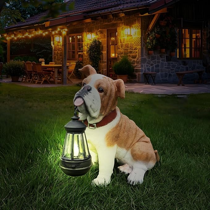 Outdoor English Bulldog Dog Statue with Interchangeable Welcome Sign and Detachable Solar Lantern –LED Light Garden Dog Sculpture Décor Garden Statue Outdoor Dog Statue Garden Outdoor Decor